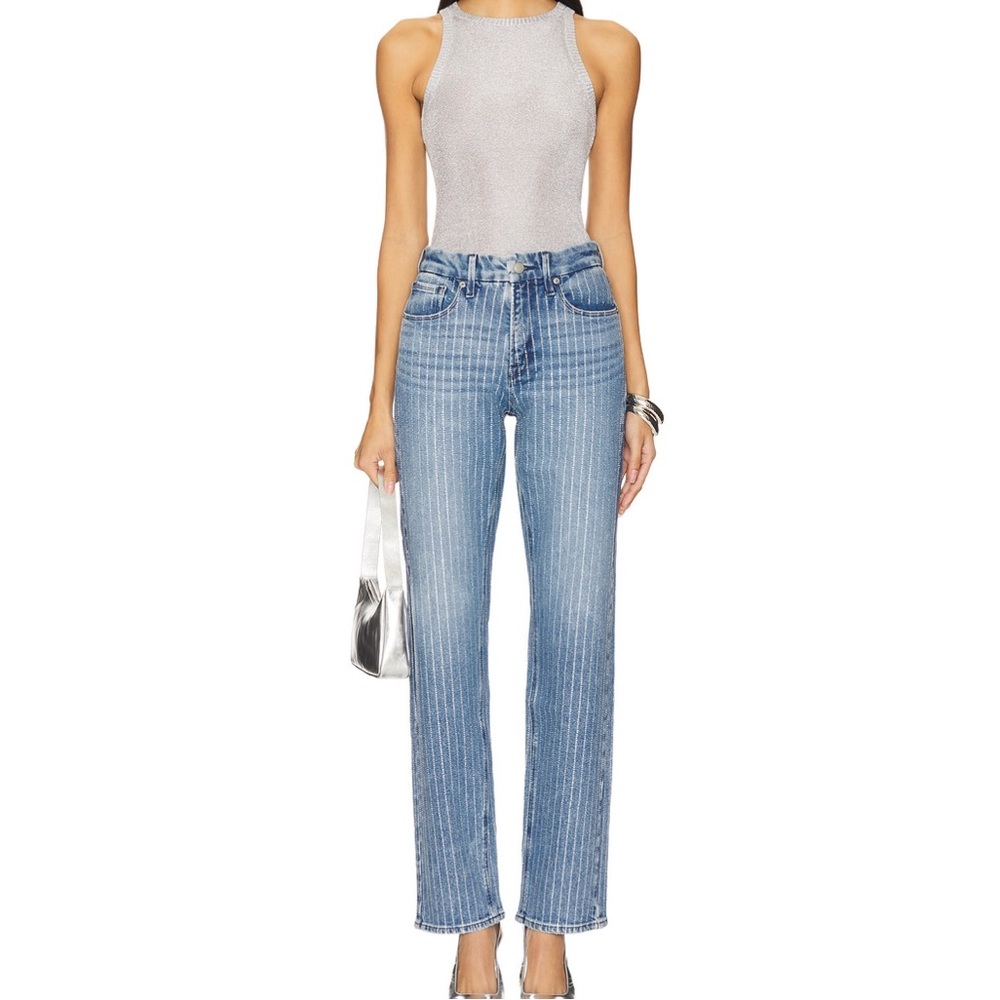 Good American High Rise Blue Jeans with White Stitching